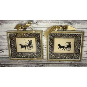 2 Vtg Nicely Framed Silhouette Prints Horse & Buggy Black & White 1960s MCM